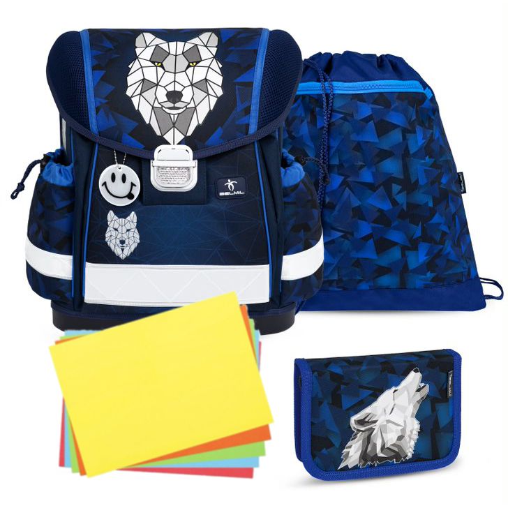 Školní aktovka Belmil 403-13 Classy Wolf Mosaic Grey (set s penálem a sáčkem) + DÁREK