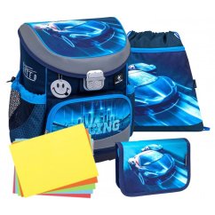 Iskolatáska Belmil 405-33 Mini-Fit Racing Blue Neon (szett táska, tolltartó, tornazsák) + AJÁNDÉK