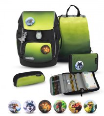 School backpack Belmil Premium 405-73/P Comfy Plus Black green (set with 2 pencil cases, gym bag and 6 patches)