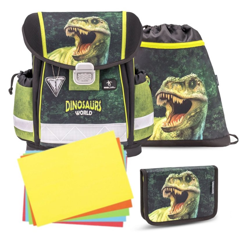 Školní aktovka Belmil 403-13 Classy Dinosaur World 2 (set s penálem a sáčkem) + DÁREK