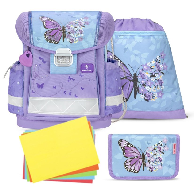Školní aktovka Belmil 403-13 Classy Purple Blue Butterfly (set s penálem a sáčkem) + DÁREK