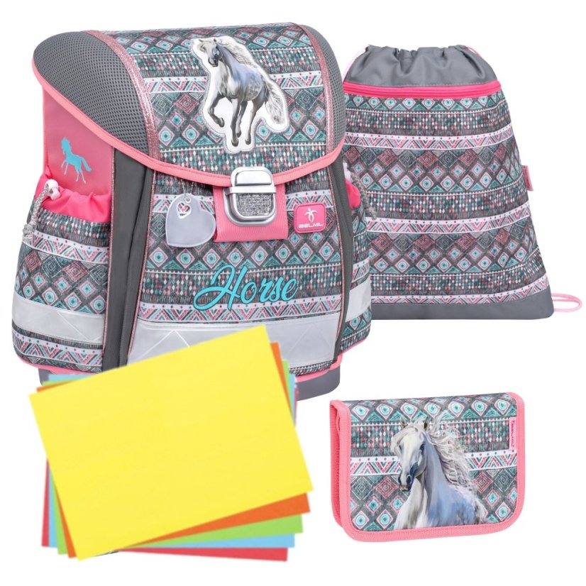 Školní aktovka Belmil 403-13 Classy Horse Aruba Blue (set s penálem a sáčkem) + DÁREK