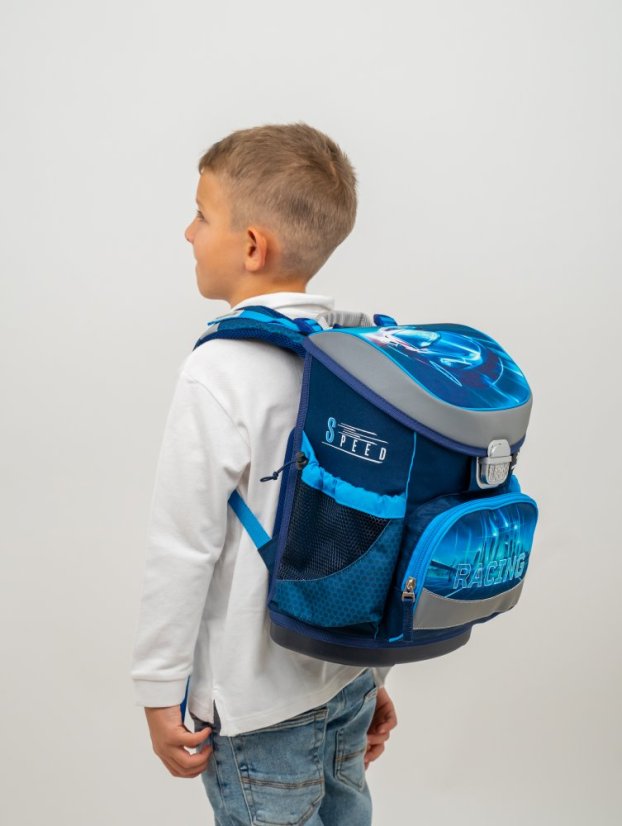 Školní aktovka Belmil 405-33 Mini-Fit Racing Blue Neon (set s penálem a sáčkem) + DÁREK