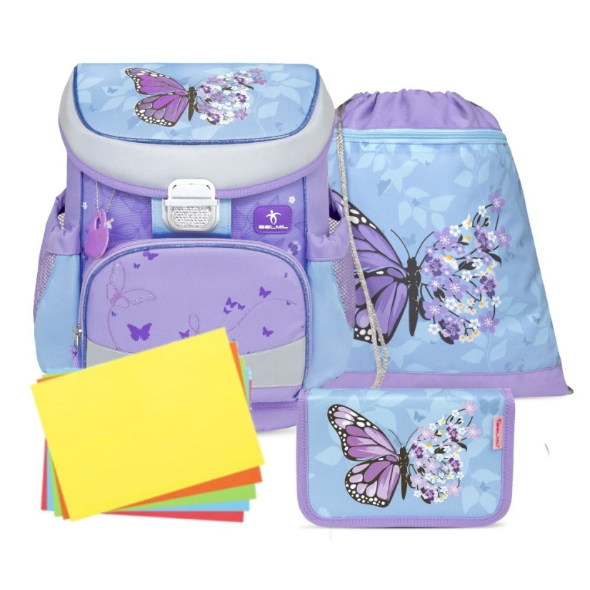 School bag Belmil 405-33 Mini-Fit Purple Blue Butterfly (set with pencil case and gym bag) + GIFT