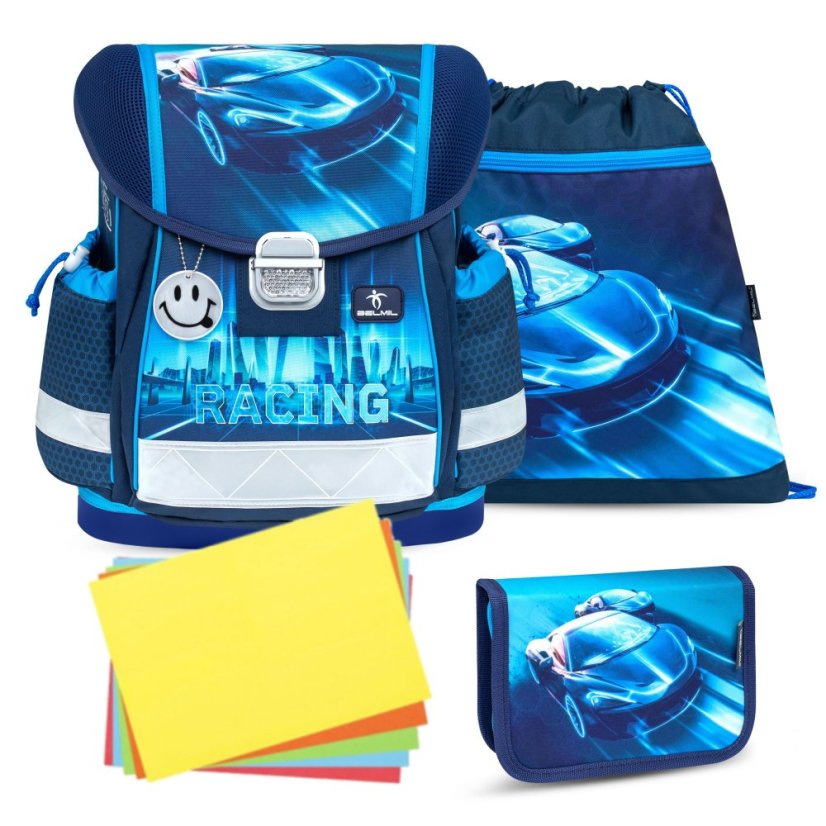 Školní aktovka Belmil 403-13 Classy Racing Blue Neon (set s penálem a sáčkem) + DÁREK