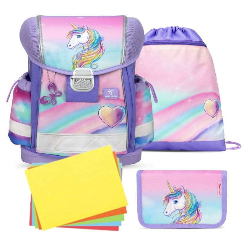 Školní aktovka Belmil 403-13 Classy Heart of the Rainbow (set s penálem a sáčkem) + DÁREK