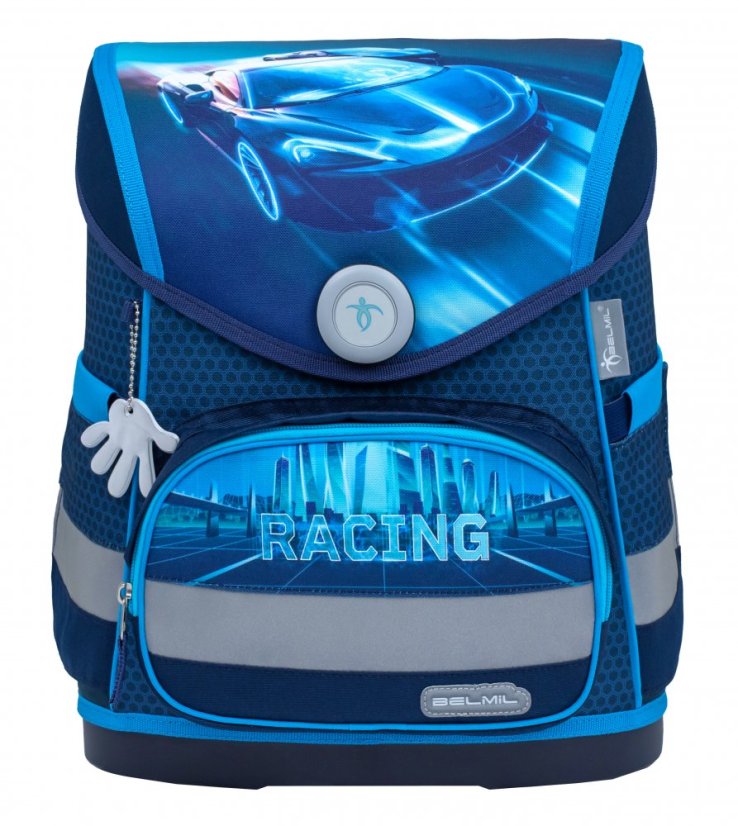 Školní aktovka Belmil 405-41 Compact Racing Blue Neon (set s penálem a sáčkem) + DÁREK