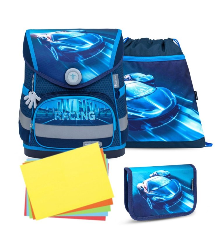 Školní aktovka Belmil 405-41 Compact Racing Blue Neon (set s penálem a sáčkem) + DÁREK
