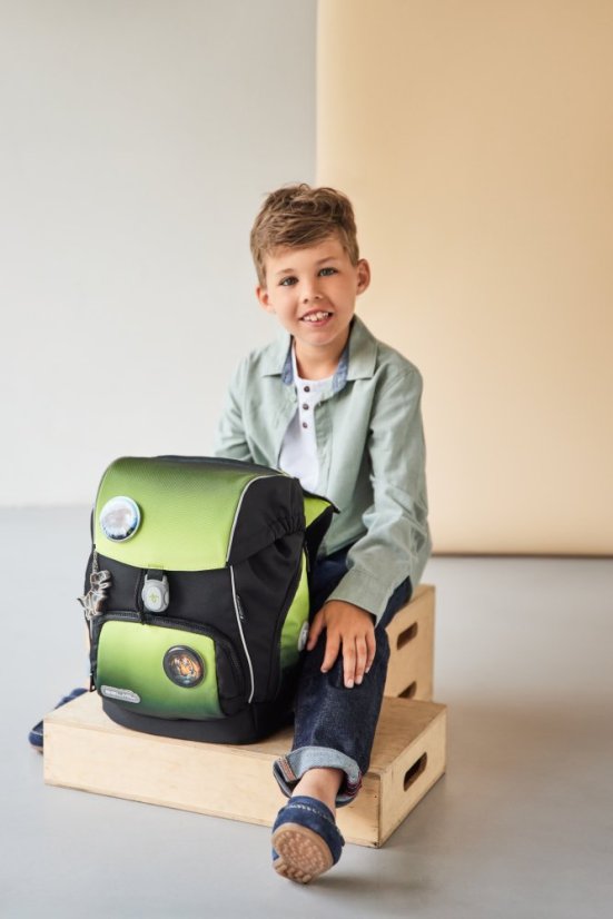 School backpack Belmil Premium 405-73/P Comfy Plus Black green (set with 2 pencil cases, gym bag and 6 patches)