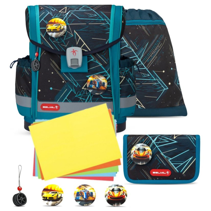 Školní aktovka Belmil 405-78 Classy Plus Racing Car Blue (set s penálem a sáčkem) + DÁREK