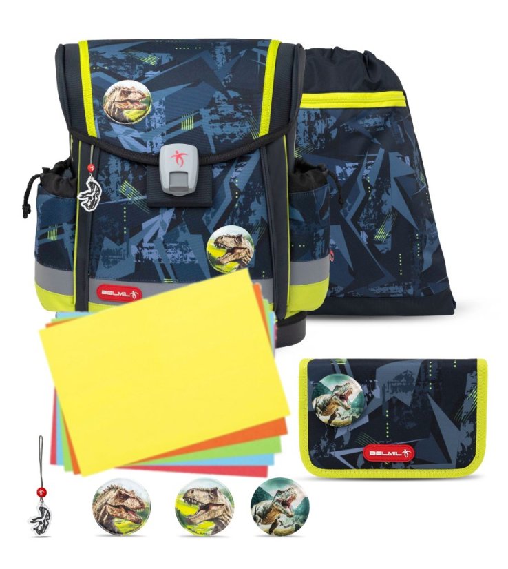 Školní aktovka Belmil 405-78 Classy Plus T-Rex Lime (set s penálem a sáčkem) + DÁREK