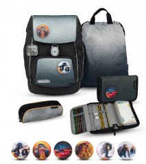 School backpack Belmil Premium 405-73/P Comfy Plus Black grey (set with 2 pencil cases, gym bag and 6 patches)