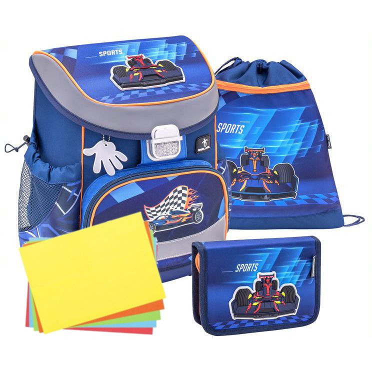 Školní aktovka Belmil 405-33 Mini-Fit Race Car Blue (set s penálem a sáčkem) + DÁREK